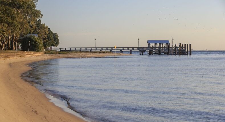 Peaceful view of Bribie Island’s Bongaree Foreshore, a scenic starting point for whale watching Moreton Bay during the winter migration season.
