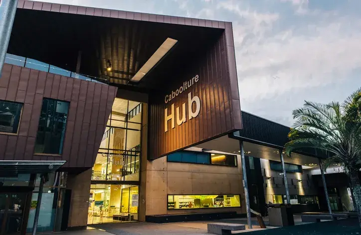 modern exterior of caboolture hub showcasing best places to go in queensland for culture and art