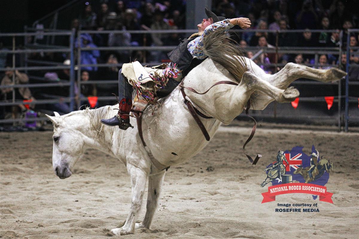Things to do in Caboolture featuring a rider competing in a rodeo event at Caboolture Showgrounds, with a bucking horse mid-action and a crowd watching from the arena stands
